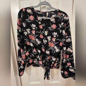 Floral Tie-Front Bell Sleeve Top - Black with Pink & White Flowers